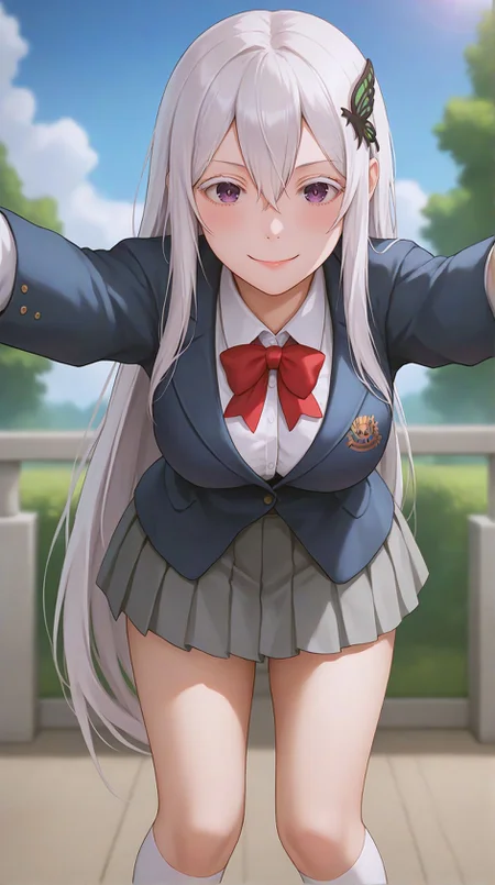 zPDXLxxx,score_9,score_8_up,score_7_up,realistic,masterpiece,best quality,perfect anatomy,very aesthetic,absurdres,
<lora:Quality tweaker_last:-2>,
<lora:Breast Slider - Pony_alpha1.0_rank4_noxattn_last:2>,
<lora:azurlaneXLP6lokrV4236T2:0>,
solo,blush,smile,
incoming hug,reaching towards viewer,bent over,
<lora:Echidna PonyXL Anzhc v1.6:1>,
echidna,purple eyes,white hair,hair between eyes,very long hair,butterfly hair ornament,
school uniform,red bowtie,blazer,blue jacket,collared shirt,white shirt,grey skirt,pleated skirt,white socks,kneehighs,shoes,
outdoors,in a meadow,