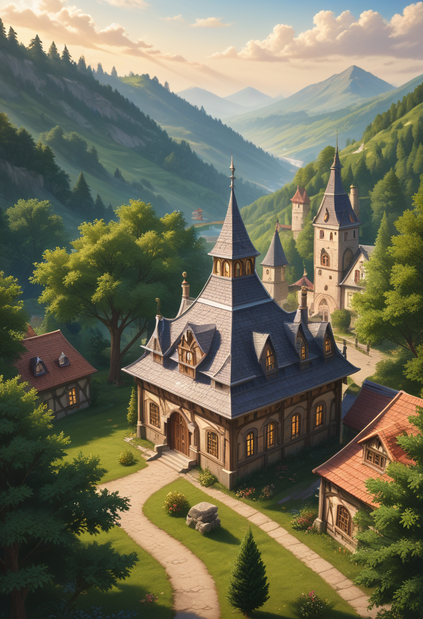score 9, score 8 up, score 7 up,
 small medieval village next to a forest, aerial view, deep focus, d & d, fantasy, intricate, elegant, highly detailed, digital painting, artstation, concept art, matte, sharp focus, illustration, hearthstone, art by artgerm and greg rutkowski and laura sava and alphonse mucha, <lora:sdxl_lightning_8step_lora:1>, <lora:add_detail:0.5>