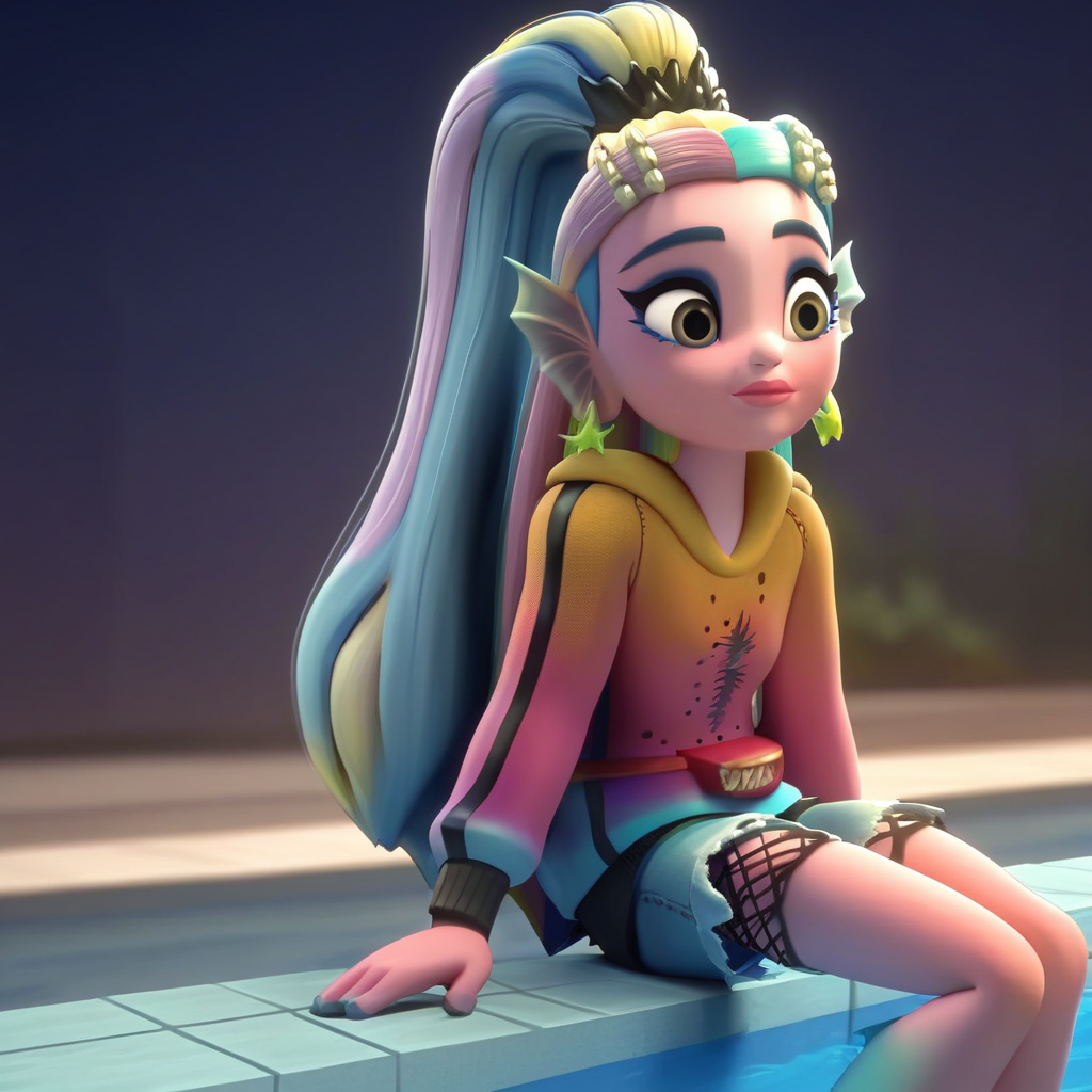 score_9, solo, lagoona_b, 1girl, long hair, ponytail, multicolored hair, eyeshadow, head fins, earrings, shorts, sitting, poolside, natural lighting, cute