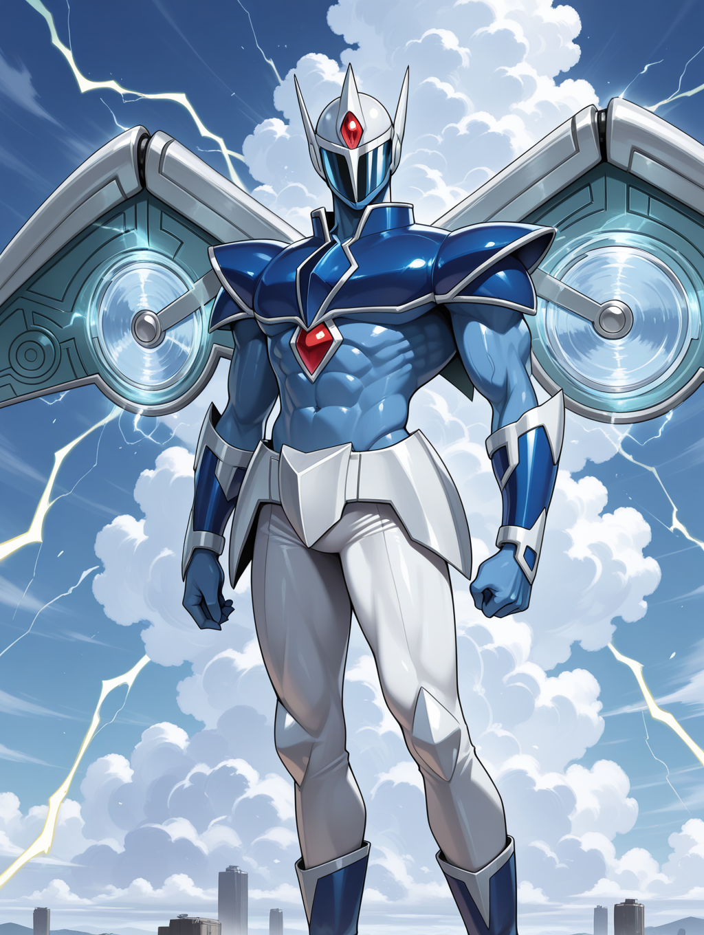 1boy,elemental hero stratos,solo,male focus,no humans,looking at viewer,tokusatsu,wind,standing,muscular male,covered face,white helmet,blue full bodysuit,blue shoulder armor,white mechanical wings,blue vambraces,white pants,blue boots,white armored skirt,lightning,cloudy sky,glowing,
masterpiece,best quality,amazing quality,very aesthetic,absurdres,newest,<lora:Elemental HERO Stratos illuXL v1:0.73>,