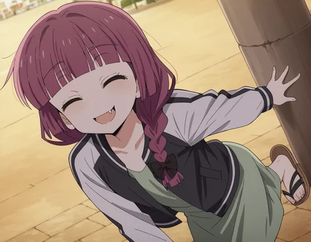 score_9, score_8_up, score_7_up, source_anime,
kikurihiroi, <lora:kikuri-hiroi-s1-ponyxl-lora-nochekaiser:1>,
kikuri hiroi, black bow, blunt bangs, braid, closed eyes, fang, hair bow, hair over shoulder, long hair, purple hair, sidelocks, single braid, fangs,
black jacket, brown footwear, collarbone, dress, green dress, jacket, long sleeves, open clothes, open jacket, raglan sleeves, sandals, white sleeves,
outdoors, street, bent over, smile,
cowboy shot, solo, dutch angle, looking at viewer,