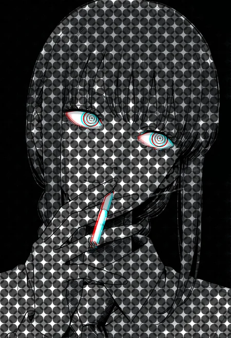sketch, traditional media, official art, hatching \(texture\), linear hatching,
makima \(chainsaw man\), profile portrait, closed mouth, facing viewer, looking to the side, head tilt, long fingers, holding cigarette, relaxing, bags under eyes, nose, lips, greyscale, monochrome,
very awa, very aesthetic, hyper detailed, old, retro artstyle,
simple background, black background,
