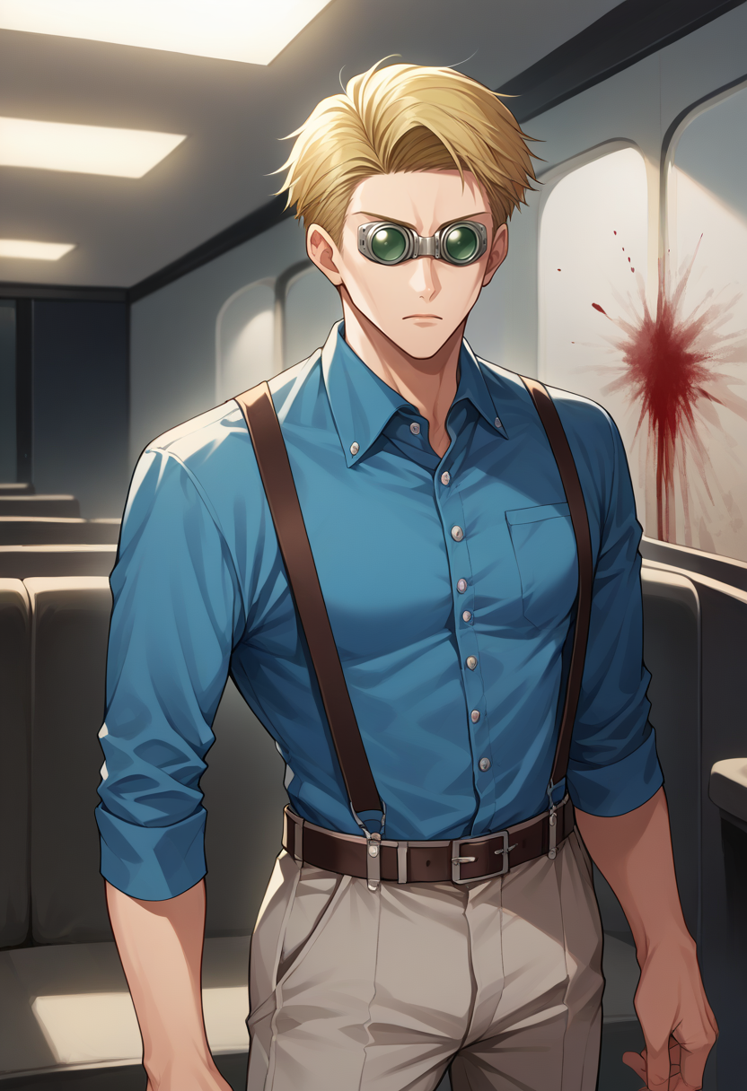 score_9, score_8_up, source_anime, 1boy, solo, NanamiBase, blonde hair, short hair, goggles, blue shirt, collared shirt, suspenders, grey pants, indoors, cinema, dark, blood, standing, <lora:ChamKentoNanamiPonyXL:1>