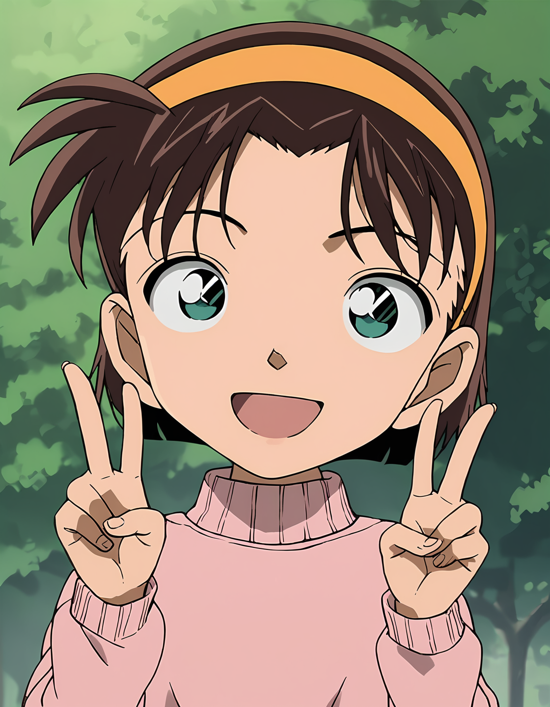 score_9, score_8_up, score_7_up, score_6_up, score_5_up, score_4_up, source_anime, <lora:AyumiY_T1V1:0.90>,
1girl, solo, flat color, anime screencap,
AyumiY_T1V1, female child, chibi, brown hair, short hair, aqua eyes, orange hairband,
pink sweater, turtleneck sweater, long sleeves, 
hands up, double v, 
looking at viewer, smile, open mouth, 
upper body,