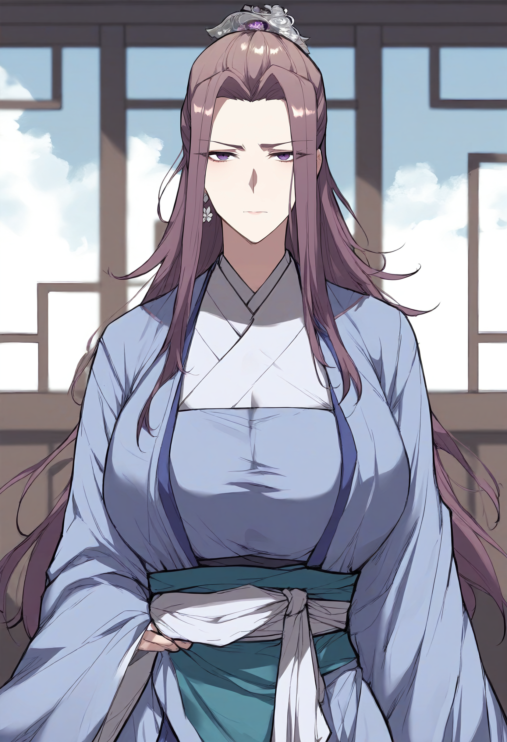 score_9, score_8_up, score_7_up, score_6_up, source_anime, rating_explicit, 1girl, (solo:1.1), huge breasts, <lora:Kyung Hee prefectPonyxl:0.8> long hair, purple hair, earrings, brown hair, purple eyes, hair ornament, single hair bun, chinese clothes, sky blue robe, hanfu, long sleeves, wide sleeves, sash, expressionless, indoors, looking at viewer