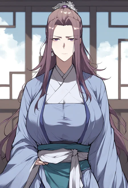 score_9, score_8_up, score_7_up, score_6_up, source_anime, rating_explicit, 1girl, (solo:1.1), huge breasts, <lora:Kyung Hee prefectPonyxl:0.8> long hair, purple hair, earrings, brown hair, purple eyes, hair ornament, single hair bun, chinese clothes, sky blue robe, hanfu, long sleeves, wide sleeves, sash, expressionless, indoors, looking at viewer