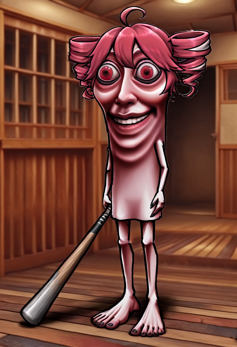 masterpiece, high quality, best quality, 1girl, ttsahur, kasane teto, wooden floor, indoors, tile floor, blurry background, barefoot, full body, standing, holding weapon, baseball bat, holding baseball bat, looking at viewer, horror \(theme\), <lora:tung_tung_tung_sahur-000010:1>