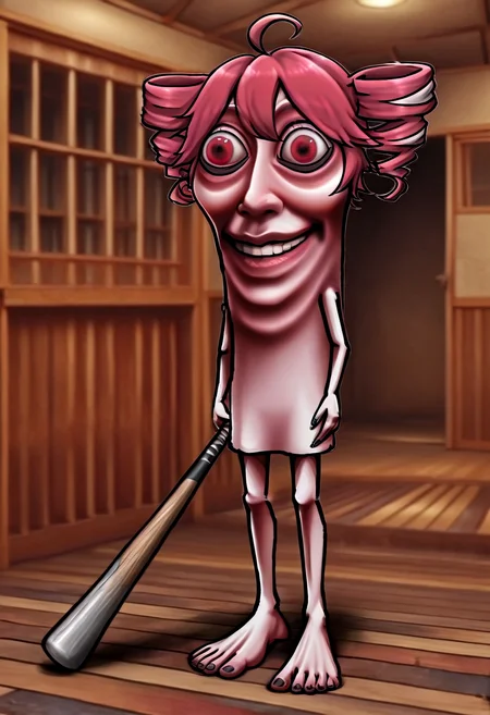 masterpiece, high quality, best quality, 1girl, ttsahur, kasane teto, wooden floor, indoors, tile floor, blurry background, barefoot, full body, standing, holding weapon, baseball bat, holding baseball bat, looking at viewer, horror \(theme\), <lora:tung_tung_tung_sahur-000010:1>