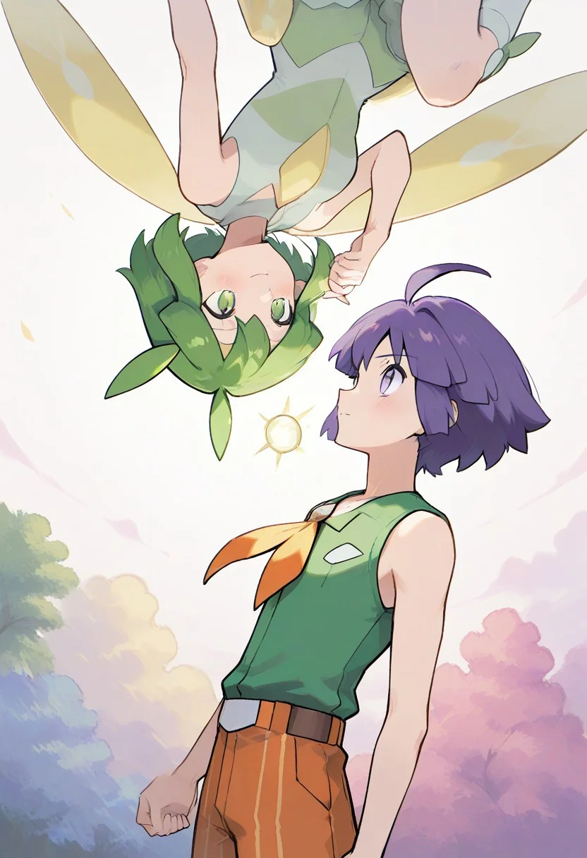masterpiece, best quality, very aesthetic, absurdres, sharp details, pokemon, 2boy, green hair, purple hair,purple eyes,looking at another, short hair, blush,green eyes,ahoge, sidelocks, holding hands, eye contact, outdoors, Aaron(pokemon), closed mouth,puzzle_morph_rks,
Green shorts, green shirt, brown footwear, white socks, yellow neckerchief,
Aaron,black sleeveless shirt, orange pants, white with orange shoes, belt
macro shot, cowboy shot, 20-year-old, solid white background, 2 boys,