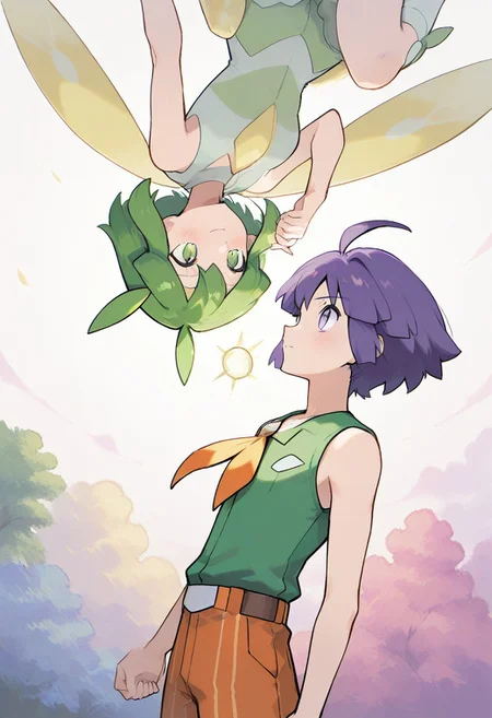 masterpiece, best quality, very aesthetic, absurdres, sharp details, pokemon, 2boy, green hair, purple hair,purple eyes,looking at another, short hair, blush,green eyes,ahoge, sidelocks, holding hands, eye contact, outdoors, Aaron(pokemon), closed mouth,puzzle_morph_rks,
Green shorts, green shirt, brown footwear, white socks, yellow neckerchief,
Aaron,black sleeveless shirt, orange pants, white with orange shoes, belt
macro shot, cowboy shot, 20-year-old, solid white background, 2 boys,