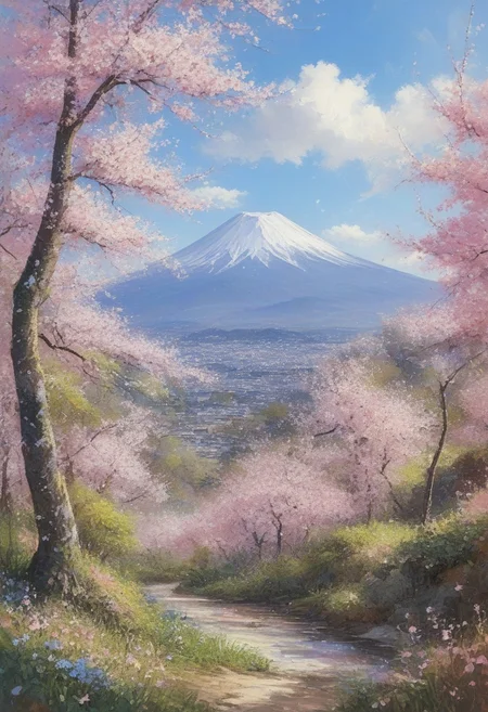 photograph of Mount Fuji, cherry blossoms, vibrant colors, impressionist style, detailed brush strokes, pink and white flowers, blue sky, white clouds, serene landscape, spring season, Japanese scenery, beautiful nature, traditional Japanese art, soft textures, mountain in background, lush greenery, serene atmosphere, delicate petals, tranquil scene, floral foreground, majestic mountain, traditional Japanese painting style, fine art, nature photography, detailed brushwork, landscape painting, traditional Japanese aesthetics
