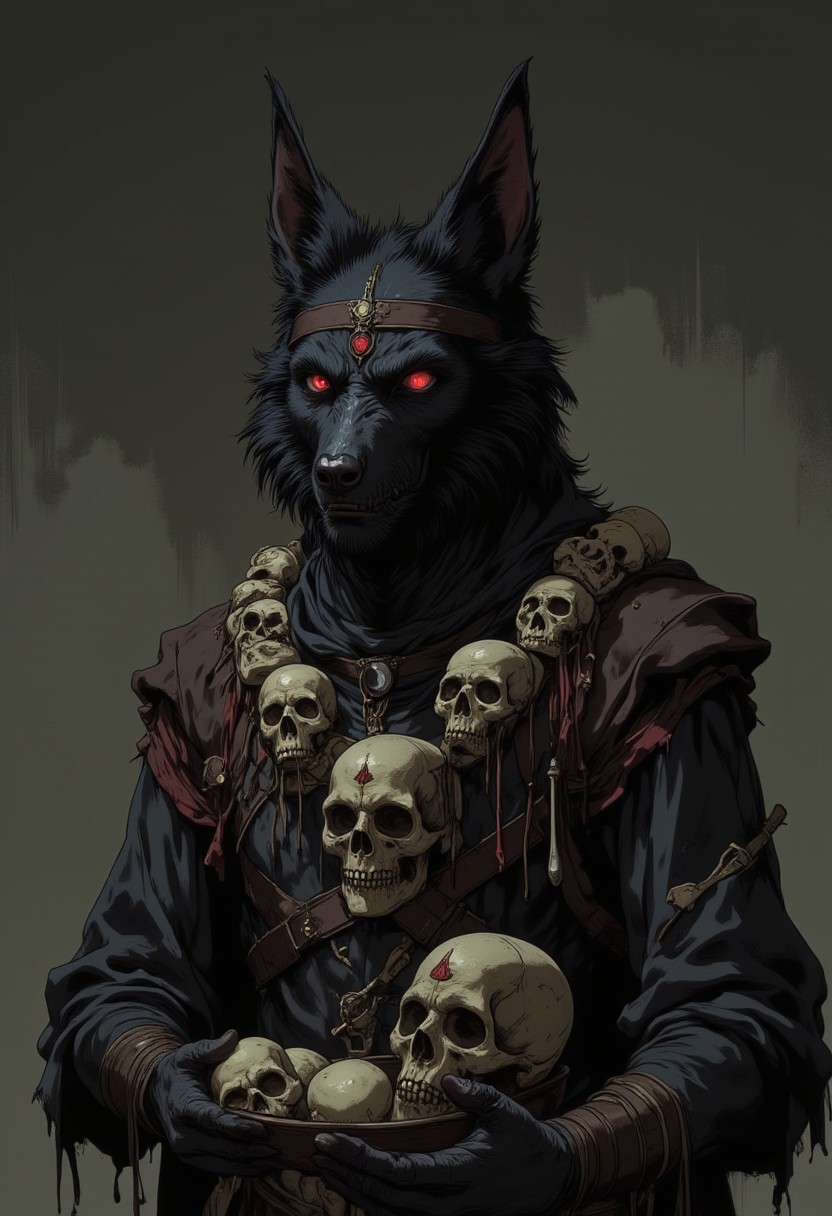 full body shot, a four-armed fully anthropomorphic wolf with a third eye and black fur, wearing a necklace of human skulls, holding a skull shaped bowl in one hand, a short ritual kukri in another hand, the eyes all glow red,