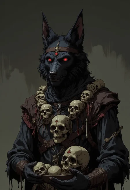 full body shot, a four-armed fully anthropomorphic wolf with a third eye and black fur, wearing a necklace of human skulls, holding a skull shaped bowl in one hand, a short ritual kukri in another hand, the eyes all glow red,