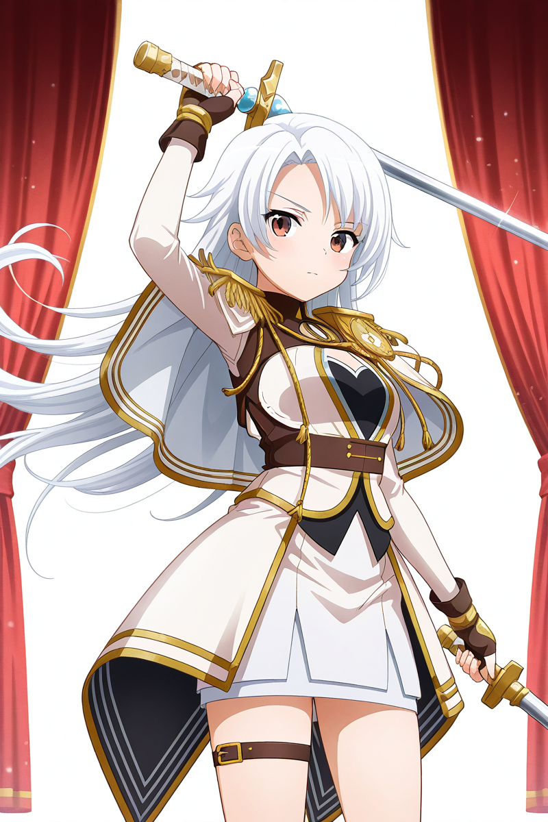 masterpiece, best quality, amazing quality,
 <lora:Shiro_IL:1> shiro, 1girl, solo, holding weapon, long hair, holding, holding sword, weapon, sword, fingerless gloves, looking at viewer, skirt, white skirt, standing, epaulettes, floating hair, gloves, cowboy shot, arm up, capelet, red eyes, thigh strap, brown eyes, white hair, white capelet, miniskirt, stage outfit, red curtains