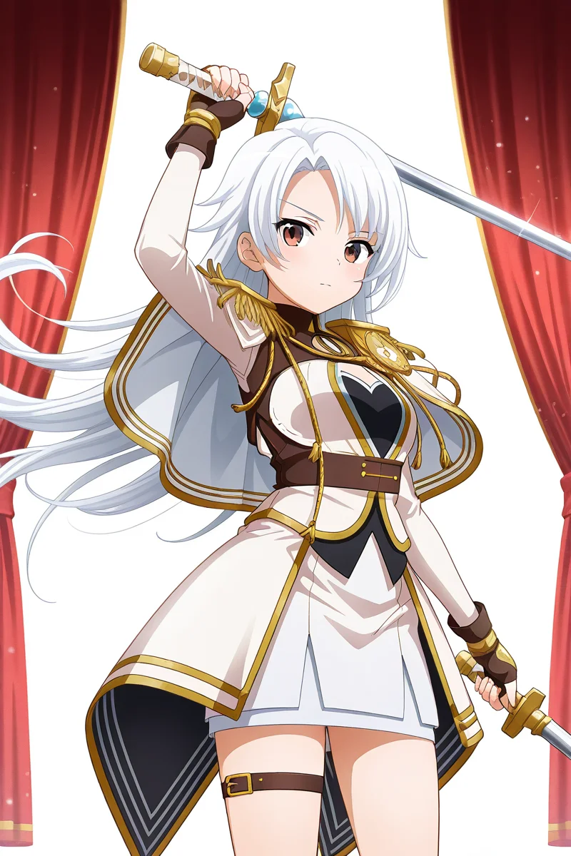 masterpiece, best quality, amazing quality,
 <lora:Shiro_IL:1> shiro, 1girl, solo, holding weapon, long hair, holding, holding sword, weapon, sword, fingerless gloves, looking at viewer, skirt, white skirt, standing, epaulettes, floating hair, gloves, cowboy shot, arm up, capelet, red eyes, thigh strap, brown eyes, white hair, white capelet, miniskirt, stage outfit, red curtains