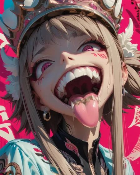 <lora:add-detail-xl:0.3>
 <lora:Punk_Anime_XL:1>, intricate details, 
1girl, blunt bangs, crown, earrings, fangs, forked tongue, horns, jewelry, long hair, looking at viewer, open mouth, pink background, portrait, saliva, shoes, solo, tattoo, teeth, tongue, tongue out, uvula, white shirt