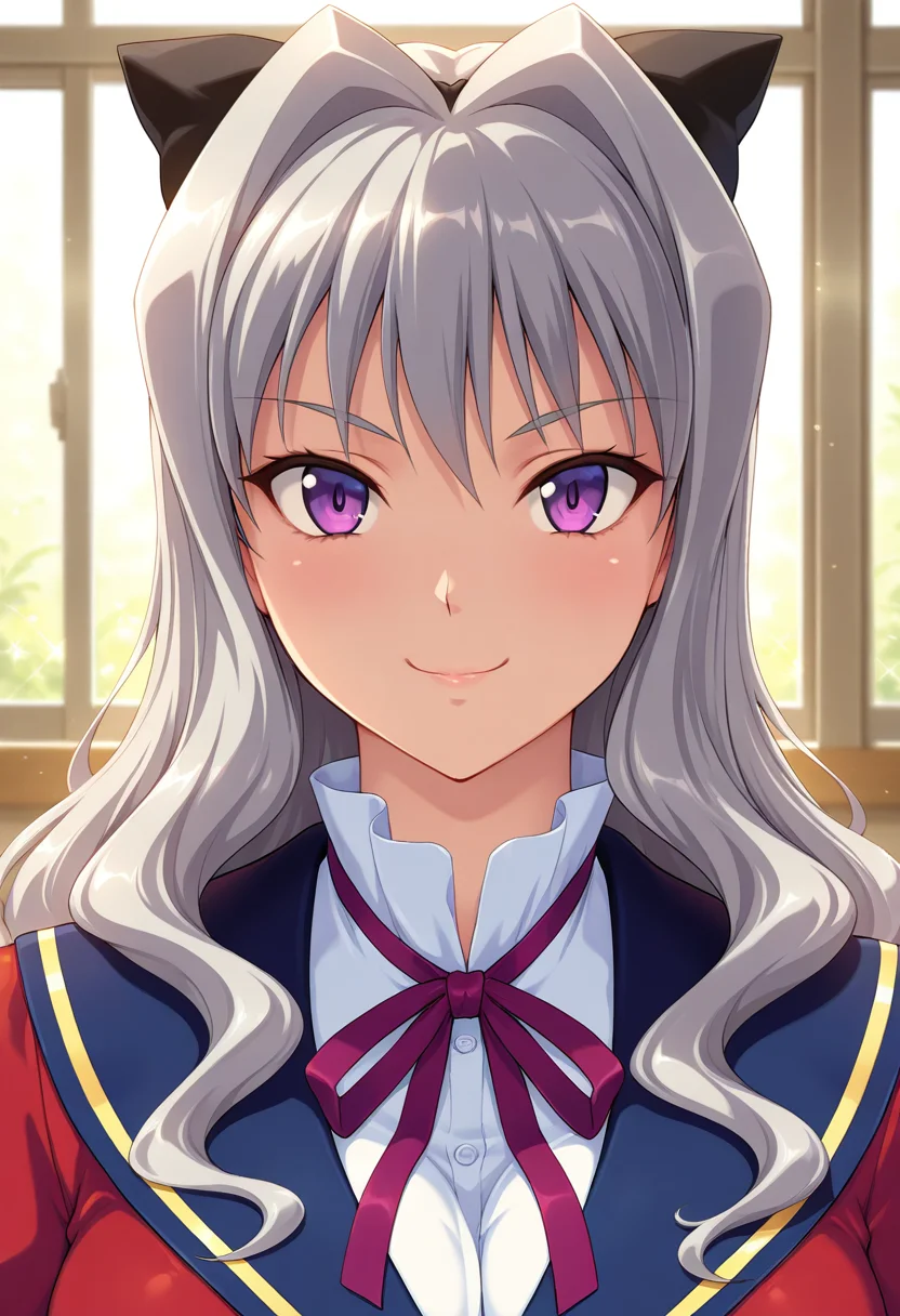 masterpiece, best quality, amazing quality, absurdres, 1girl, solo, (portrait:1.2), shoukoww, trap, femboy, purple eyes, long hair, grey hair, wavy hair, hair intakes, black hair bow, large breasts, school uniform, purple neck ribbon, red jacket, white dress shirt, puffy sleeves, looking at viewer, smile, indoors, day, skindentation, detailed clothing folds, depth of field, sharp, high contrast, dynamic light <lora:Aihara_Shouko_Gakuen_Saimin_Reido_ill:0.8>