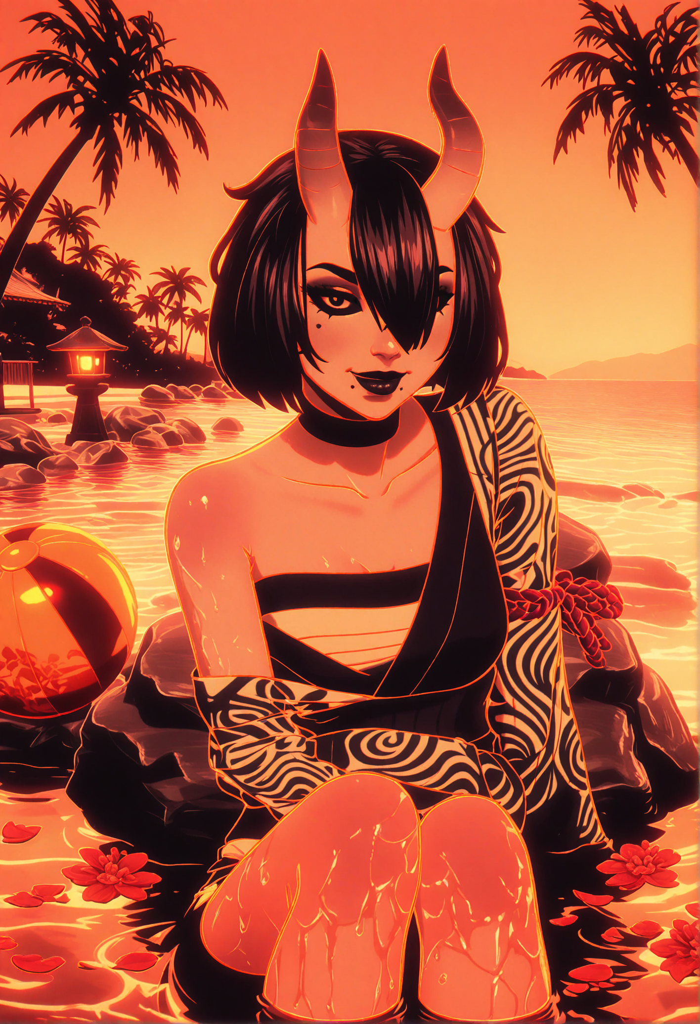 GLSHS,delicate colors,partially illuminated, (masterpiece, absurdres, very awa:1.4), golden hour, orange theme, sunset, beach, rocks, beach ball, sand, palm tree, smug, looking at viewer, fortnitenightrose, 1girl, black hair, short hair, bob cut, bangs, hair between eyes, hair over one eye, asymmetrical horns, oni horns, skin-covered horns, black eyes, black sclera, sclera, closed mouth, mole, mole under mouth, black lips, lipstick, makeup, natural hot spring, sitting on rock with legs dipped in water, wet skin, towel draped around body, cleavage, steam, gentle ripples in water, warm lantern glow, flower petals floating on water, <lora:GLSHS-IL:1.2>,  <lora:Fortnite_The_Night_Rose_All_Outfits_ILXL:0.8>, <lora:dmd2_sdxl_4step_lora:1>