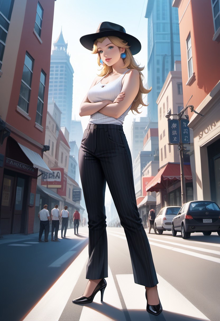 score_9, score_8_up, score_7_up, score_6_up, score_5_up, score_4_up, high quality, ((photorealistic)), (Extremely detailed), 1.5, <Lora:add-detail-xl:1.5>, princess peach, blonde hair, blue eyes, long hair, black fedora hat, white tank top, black pinstripe suit pants, black mule heels, Marco, Giantess, giga size, gigantic, city, standing, looking down, arms crossed, front view
