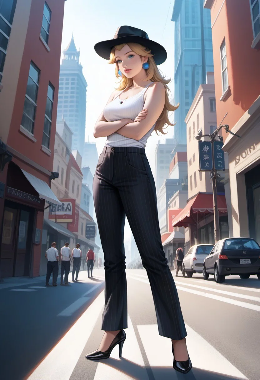 score_9, score_8_up, score_7_up, score_6_up, score_5_up, score_4_up, high quality, ((photorealistic)), (Extremely detailed), 1.5, <Lora:add-detail-xl:1.5>, princess peach, blonde hair, blue eyes, long hair, black fedora hat, white tank top, black pinstripe suit pants, black mule heels, Marco, Giantess, giga size, gigantic, city, standing, looking down, arms crossed, front view