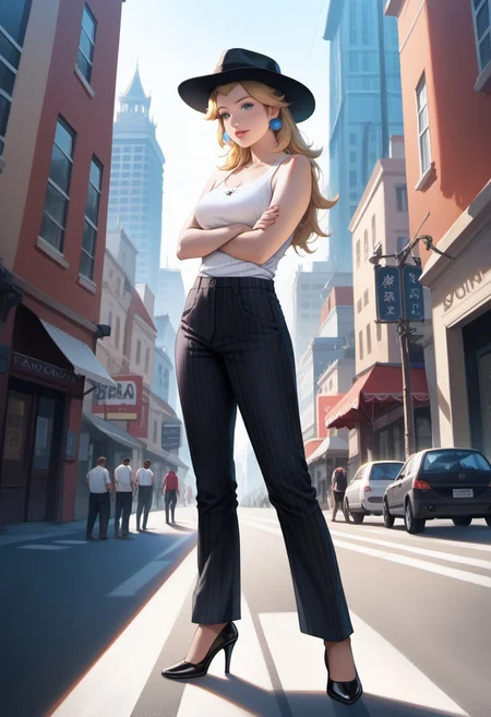 score_9, score_8_up, score_7_up, score_6_up, score_5_up, score_4_up, high quality, ((photorealistic)), (Extremely detailed), 1.5, <Lora:add-detail-xl:1.5>, princess peach, blonde hair, blue eyes, long hair, black fedora hat, white tank top, black pinstripe suit pants, black mule heels, Marco, Giantess, giga size, gigantic, city, standing, looking down, arms crossed, front view