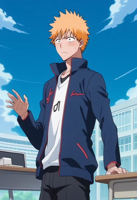 score_9, score_8_up, score_7_up, source_anime, masterpiece, 1boy, ichigo kurosaki, jacket,  , <lora:ichigo_kurosaki_ponyxl:1>, , in denial, wide open eyes, closed mouth,  o_o, blush, wide-eyed, surprised, sad,, cubicle, office desk, sticky note,, solo, levitation, floating, motion blur , sky, in the air,