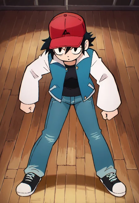 zPDXL, sharp, score_9, score_8_up, score_7_up, source_anime, <lora:ScottP-v2-3:0.8> scttp, scott pilgrim style, high quality, 1girl, solo, full body, dynamic pose, ash3, (((red cap, black hair, blue vest, white sleeves, black shirt, jeans, black shoes)))