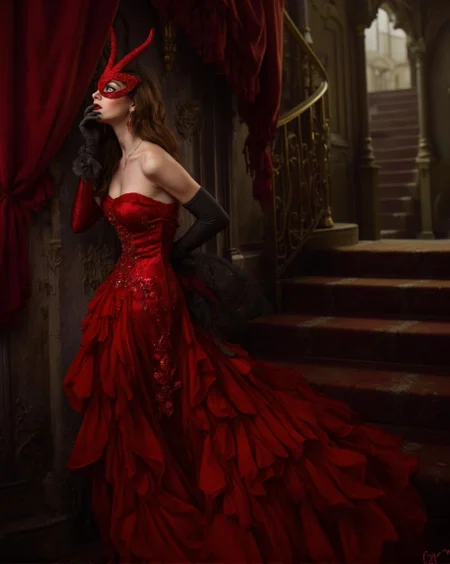 <lora:ck-LttleGhost-000011.safetensors:1> in the style of ck-lttlegh0stA mysterious woman, masked in red, stands before a backdrop of decaying opulence. Her fiery red gown shimmers with intricate beading, while her gaze lingers on some distant thought. The soft focus camera captures every subtle detail as she poses against a backdrop of velvet and forgotten grandeur.