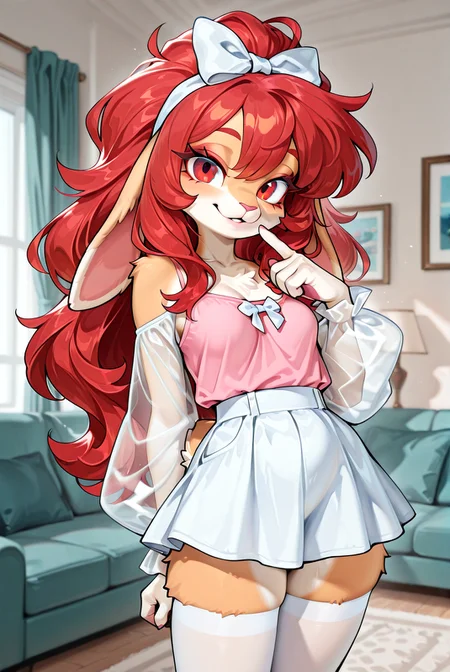 anthro, furry, masterpiece, best quality, amazing quality, very aesthetic, absurdres, newest, incredible detail, high quality, 8k,
flat color,
BREAK, 1girl, solo, short stature, cute, adorable, furry female, 18yo, rabbits, light orange fur, red eyes, red eyelashes, small breasts, plump lips,
big hair, red hair, drooping ears, smile, looks at the viewer, finger on lips, 
bare shoulders,
pink tank top, short skirt, white skirt, transparent sleeves, puffy sleeves, white tights,
white bow on head,
living room,
 <lora:Aijalon_Anitoon_V3:0.4> <lora:Zhao:0.6> <lora:NOOB_vp1_detailer_by_volnovik_v1:1>