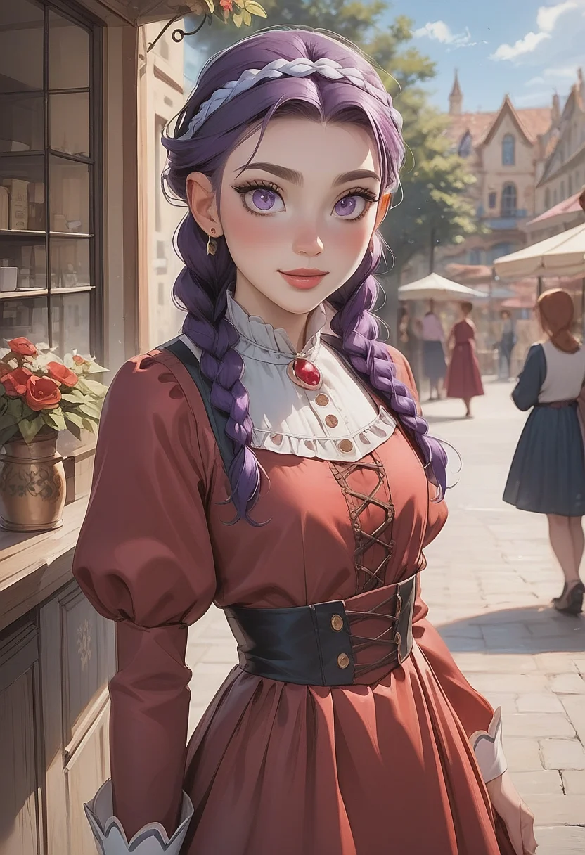 score_9, score_8, score_7, In the bustling marketplace, a mischievous glint flickers in the gnome girl's dark violet eyes as she engages her human companion in lively banter, feigning ignorance, Her fingers deftly dance beneath the skirt of her velvet dress, unseen, while she leans against the stall, the steam from her half-finished hot chocolate obscuring what lies beneath, The chatter around them provides ample cover for her hidden exploration, each subtle brush igniting sparks of pleasure that ripple through her small frame, Her cheeks flush a playful crimson, mirroring the rich hue of her turquoise braids that sway gently in rhythm with her secret movements,