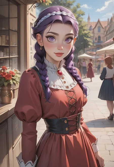 score_9, score_8, score_7, In the bustling marketplace, a mischievous glint flickers in the gnome girl's dark violet eyes as she engages her human companion in lively banter, feigning ignorance, Her fingers deftly dance beneath the skirt of her velvet dress, unseen, while she leans against the stall, the steam from her half-finished hot chocolate obscuring what lies beneath, The chatter around them provides ample cover for her hidden exploration, each subtle brush igniting sparks of pleasure that ripple through her small frame, Her cheeks flush a playful crimson, mirroring the rich hue of her turquoise braids that sway gently in rhythm with her secret movements,
