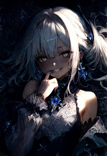 (Masterpiece:1.3), (best quality:1.2), (detailed background:1.1), (intricate details:1.1), (detailed background:1.2), 1girl, solo focus, perfect anatomy, source anime,
BREAK
(score_9, score_8_up, score_7_up), (Masterpiece), (expressive eyes), 1girl, 
Automaton, colored skin, white skin, joints,
white hair, GRAY EYES, SILVERIRIS, EYETEXTURE,
<lora:MGE_V5.0:1.2>
BREAK
erotic pose, detail background, finger near mouth,intense stare, lying on back, bloom, harsh lighting, muted colors,
dynamic angle, side shot, smirk,
BREAK
NegativeDynamics,scenery,csr style,