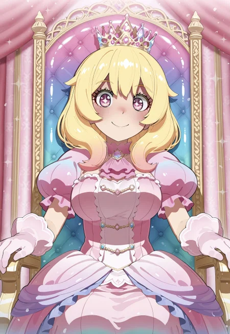 art by Mizumizuni, masterpiece, best quality, high quality, intricate, 1woman, mature woman, solo, (pastel pink theme:1.2), pink iridescent, blonde princess, made of iridescent (pink puffy gown), made of iridescent gloves, iridescent crown, happy smile,
(made of iridescent palace, iridescent throne, iridescent room), (sparkles, sparkling iridescent, sparkling eyes), sharp focus, (glossy made of iridescent clothing, glittering made of iridescent fabric),
cowboy shot, sitting, highly detailed, majestic, shallow depth of field, movie still, hard light, circular polarizer, colorful, moody, wallpaper, anime