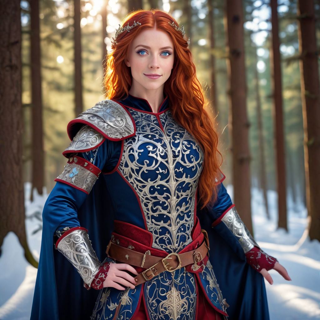 Odessa, masterpiece, highly realistic, 1girl, solo, red hair, long hair, smile, circlet, pants, cape, armor,  closeup,  full body, outdoors, (masterpiece:1.1), (best quality:1.1), 1girl, Real light and shadow, raytracing, 4k, 8k, wallpaper, epic, detail texture, red hair, (blue eyes:1.5), ((((red hair:1.35, medium hair)))), intricate eyes, beautiful detailed eyes, symmetrical eyes, big eyes:1.5, (((lustrous skin:1.5, bright skin:1.5, skin tanned, shiny skin, very shiny skin, shiny body, plastic glitter skin, exaggerated shiny skin, illuminated skin))), (detailed body,(detailed face)), cute, erotic, daring, (((medieval armor, adventurer man armor,winter coat))), (((intricate outfit, intricate clothes, embroidered outfit, ornate outfit, embroidered clothes, ornate armor))), (dynamic pose:1.0), happy, smile, (centered, scale to fit dimensions, Rule of thirds), ((snowy pine forest at night)), with dark stormy clouds, winter, scenery:1.25, ((snow forest background)), Christmas tree, highres, sharp focus, (ultra detailed, extremely detailed), (photorealistic),(extremely detailed CG unity 8k wallpaper), (((vibrant colors, vibrant theme))), (intricate), (masterpiece),(best quality), lean on table, lace dress, Princess Eilonwy,