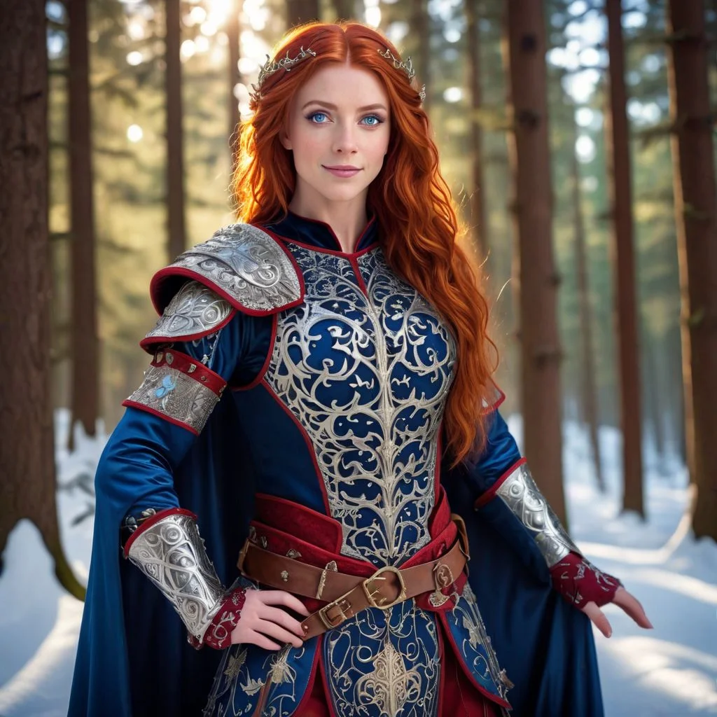 Odessa, masterpiece, highly realistic, 1girl, solo, red hair, long hair, smile, circlet, pants, cape, armor, closeup, full body, outdoors, (masterpiece:1.1), (best quality:1.1), 1girl, Real light and shadow, raytracing, 4k, 8k, wallpaper, epic, detail texture, red hair, (blue eyes:1.5), ((((red hair:1.35, medium hair)))), intricate eyes, beautiful detailed eyes, symmetrical eyes, big eyes:1.5, (((lustrous skin:1.5, bright skin:1.5, skin tanned, shiny skin, very shiny skin, shiny body, plastic glitter skin, exaggerated shiny skin, illuminated skin))), (detailed body,(detailed face)), cute, erotic, daring, (((medieval armor, adventurer man armor,winter coat))), (((intricate outfit, intricate clothes, embroidered outfit, ornate outfit, embroidered clothes, ornate armor))), (dynamic pose:1.0), happy, smile, (centered, scale to fit dimensions, Rule of thirds), ((snowy pine forest at night)), with dark stormy clouds, winter, scenery:1.25, ((snow forest background)), Christmas tree, highres, sharp focus, (ultra detailed, extremely detailed), (photorealistic),(extremely detailed CG unity 8k wallpaper), (((vibrant colors, vibrant theme))), (intricate), (masterpiece),(best quality), lean on table, lace dress, Princess Eilonwy,