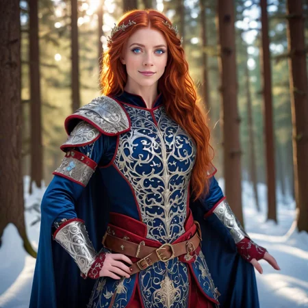 Odessa, masterpiece, highly realistic, 1girl, solo, red hair, long hair, smile, circlet, pants, cape, armor,  closeup,  full body, outdoors, (masterpiece:1.1), (best quality:1.1), 1girl, Real light and shadow, raytracing, 4k, 8k, wallpaper, epic, detail texture, red hair, (blue eyes:1.5), ((((red hair:1.35, medium hair)))), intricate eyes, beautiful detailed eyes, symmetrical eyes, big eyes:1.5, (((lustrous skin:1.5, bright skin:1.5, skin tanned, shiny skin, very shiny skin, shiny body, plastic glitter skin, exaggerated shiny skin, illuminated skin))), (detailed body,(detailed face)), cute, erotic, daring, (((medieval armor, adventurer man armor,winter coat))), (((intricate outfit, intricate clothes, embroidered outfit, ornate outfit, embroidered clothes, ornate armor))), (dynamic pose:1.0), happy, smile, (centered, scale to fit dimensions, Rule of thirds), ((snowy pine forest at night)), with dark stormy clouds, winter, scenery:1.25, ((snow forest background)), Christmas tree, highres, sharp focus, (ultra detailed, extremely detailed), (photorealistic),(extremely detailed CG unity 8k wallpaper), (((vibrant colors, vibrant theme))), (intricate), (masterpiece),(best quality), lean on table, lace dress, Princess Eilonwy,