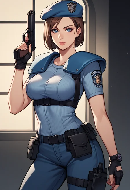 score_9, score_8_up, score_7_up, score_6_up, source_anime, BREAK masterpiece, <lora:REJill:1>. JillSTARS, brown hair, bob cut, short hair, beret, shoulder holster, police uniform, fingerless gloves, shoulder pads, gun, holding gun, large window, dilapidated, night, breasts,