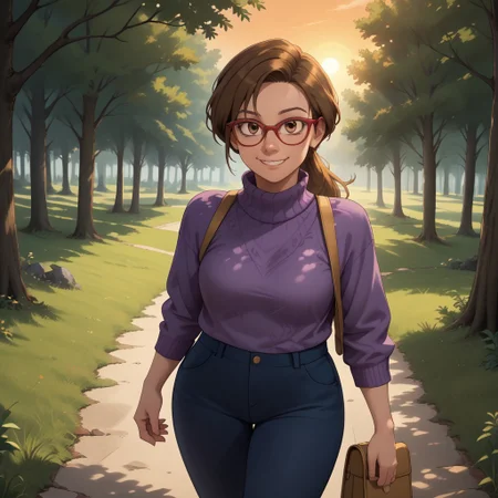 score_9, score_8, BREAK, solo, brown hair, ponytail, brown eyes, red glasses, dark purple sweater, dark blue pants, black sandals, Jill_Andersen_(Inside_Out), sexy pose, self portrait, smile, outdoors, sunlight, shadows, evening lighting, natural lighting, forest, trees, grass, orange sky, sunset