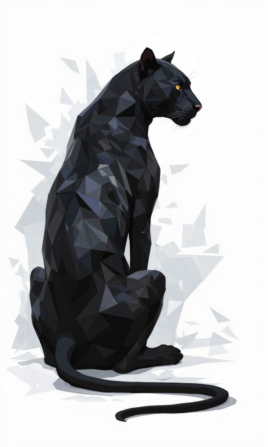 This image presents a stylized, geometric representation of a panther, likely a black panther, sitting in profile facing towards the right. The artwork is rendered in shades of black and dark gray against a white background, creating a stark, high-contrast image.
The panther's form is constructed from a series of interconnected polygons and shards, resembling stained glass or a fragmented surface. These shapes vary in size and angle, giving the animal a sense of both strength and fluidity. The lines separating the shapes are sharp and precise, enhancing the geometric aesthetic. Subtle gradations of gray within some of the black shapes suggest a dimensional quality and hint at underlying musculature.
The panther is depicted in a regal, composed pose. Its head is held high, and its gaze is directed forward, conveying an air of alertness and confidence. The tail curves gracefully down and to the right, completing the balanced composition. The overall impression is one of sleekness, power, and abstract beauty. The geometric interpretation adds a modern and artistic flair to the classic image of the panther., <lora:FLUX-daubrez-DB4RZ-v2:0.8> DB4RZ, DB4RZ style painting, <lora:t0m4zdrawing:0.6> t0m4z, <lora:Artgerm:0.4>