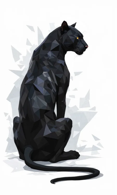 This image presents a stylized, geometric representation of a panther, likely a black panther, sitting in profile facing towards the right. The artwork is rendered in shades of black and dark gray against a white background, creating a stark, high-contrast image.
The panther's form is constructed from a series of interconnected polygons and shards, resembling stained glass or a fragmented surface. These shapes vary in size and angle, giving the animal a sense of both strength and fluidity. The lines separating the shapes are sharp and precise, enhancing the geometric aesthetic. Subtle gradations of gray within some of the black shapes suggest a dimensional quality and hint at underlying musculature.
The panther is depicted in a regal, composed pose. Its head is held high, and its gaze is directed forward, conveying an air of alertness and confidence. The tail curves gracefully down and to the right, completing the balanced composition. The overall impression is one of sleekness, power, and abstract beauty. The geometric interpretation adds a modern and artistic flair to the classic image of the panther., <lora:FLUX-daubrez-DB4RZ-v2:0.8> DB4RZ, DB4RZ style painting, <lora:t0m4zdrawing:0.6> t0m4z, <lora:Artgerm:0.4>