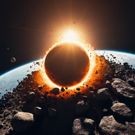 cinematic film still of <lora:collision style:1>
A collision of a large sun surrounded by small rocks and planets,no humans,scenery,light particles,rock,realistic,space,explosion,planet,debris,still life,orange theme , impact, crash, explosion, destruction, strike, wreck, smash, planet, outer-space, galaxy, cinematic, film, different color, real, collision style, shallow depth of field, vignette, highly detailed, high budget, bokeh, cinemascope, moody, epic, gorgeous, film grain, grainy