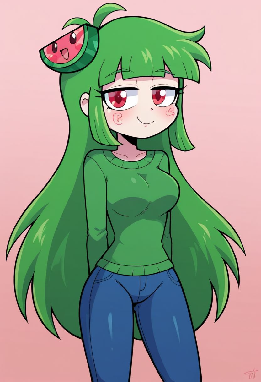 vannamelon, green hair, 1 girl, long hair, solo, red eyes