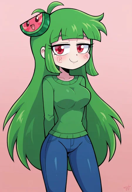 vannamelon, green hair, 1 girl, long hair, solo, red eyes