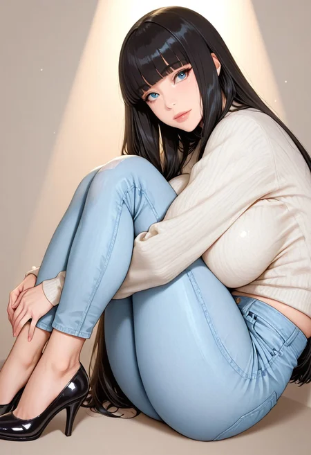 (masterpiece:1.3), (best quality:1.3), (ultra-detailed:1.3), very aesthetic, absurdres, newest, 8K, depth of field, focused subject, high resolution, ultra sharp, depth of field, volumetric lighting,
BREAK,
source_anime, 1 girl, (long hair: 1.4), hime cut, black hair, fair skin, blue eyes, focus on face, sweater, jeans, sitting, hugging legs, knees raised, sideways, looking at viewer, plain background, cute, huge breasts, high heels, bokeh, spotlight, studio_lighting, professional photography,