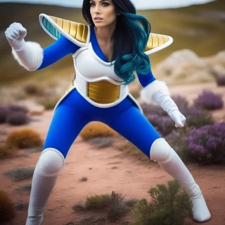cinematic film still ((full body shot)) , cinematic, ultra realistic, ultra detailed textures, ultra quality, ultra defined image, a girl with black hair, wearing vegita's saiyan armor in blue and white, she has a fur belt around her waist, she's in a green and purple alien planet, she's posing in a fighting position <lora:Saiyan Armor - SDXL1.0:1> saiarmor . shallow depth of field, vignette, highly detailed, high budget, bokeh, cinemascope, moody, epic, gorgeous, film grain, grainy