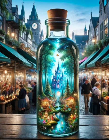 ais-bttl, inside bottle enchanted forest, outside bottle bustling market square <lora:ais-bttl-sdxl:1>