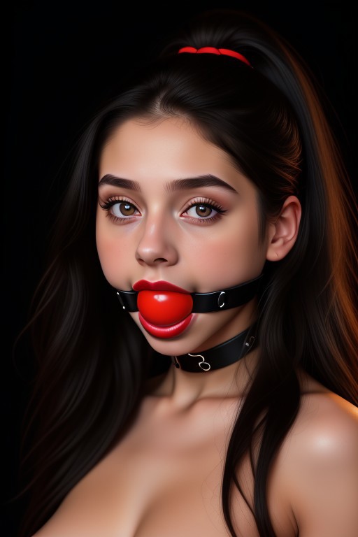 close up shot of a side portrait view of young woman with long hair in front of a black background, studio light, beautiful, pretty, detailed skin, skin pores, high contrast ((large wide black ball gag)), vivid red lipstick