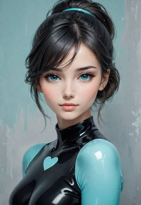 woman, porcellana style. (black, grey, cyan), 'kindhearted person'