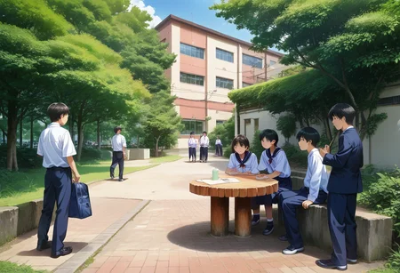 score_9, score_8_up, score_7_up, rating_safe, masterpiece, best quality, absurdres, unity 8k wallpaper, official art, official style, source_anime, uncensored, game cg, megami magazine,
nakaniwa, multiple boys, outdoors, tree, day, scenery, building, school uniform, black hair
 <lora:gakkou_nakaniwa_PONY_V1:1>