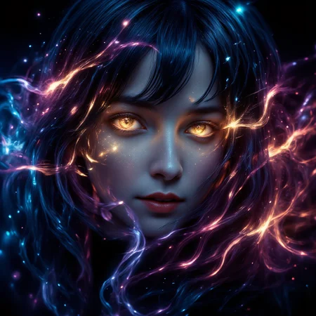 A gorgeous woman's face,her hair transforms into a glowing magical delight,she's smiling proudly,seemingly made of stars,gothic,ruby red lips,seductive,witch,dramatic,raw photo,cosmos,
<lora:ImageUpgraderV2:0.6>,<lora:aidmaGLOWV4wc:0.6>,<lora:aidmaBokeh:0.3>,<lora:Aura_Flux:0.4>,<lora:Dreamwave_FLUX:0.4>,<lora:FluxDFaeTasticDetails:0.4>,<lora:Flux_-_Renaissance_art_style:0.5>,<lora:DonMM4g1cFX:0.3>,<lora:abstract_render_flux:0.2>,<lora:FL-bailing-24-0824lightning:0.5>,<lora:Detailer2K:0.4>,<lora:Dever_Flux_Enhancer:0.4>,<lora:Flux_spirals_of_light:0.6>,<lora:dreamlands_flux:0.6>,